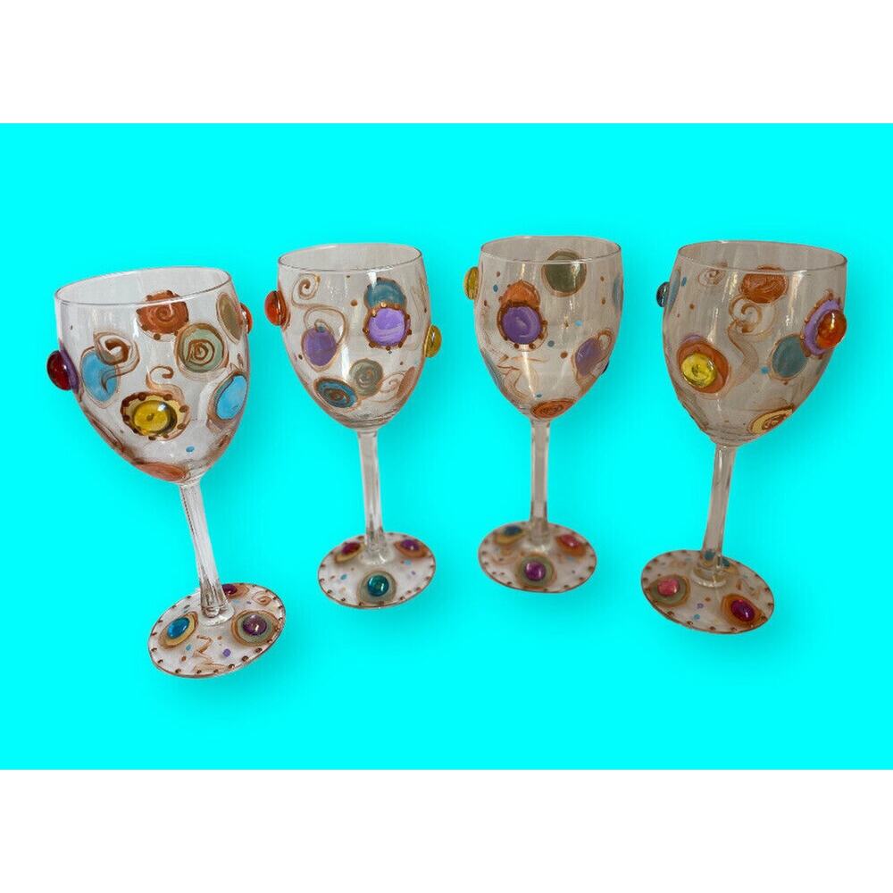 Wine Glasses 3D Beads Bubbles Signed Hand Painted and Decorated Vintage